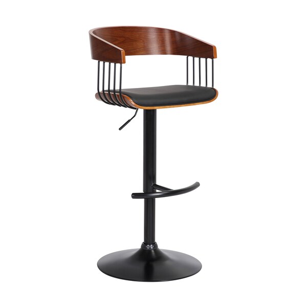 Armen Living Larisa Adjustable Walnut Wood Bar Stool in Black Faux Leather with Black Metal LCLABAWABLK - main
